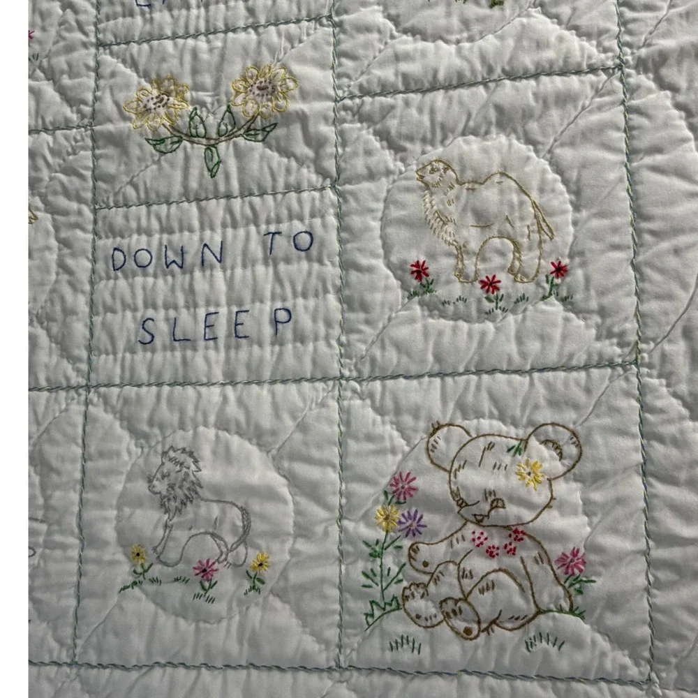 Vintage Precious Moments Baby Quilt Now I Lay Me Down To Sleep Embroidered White